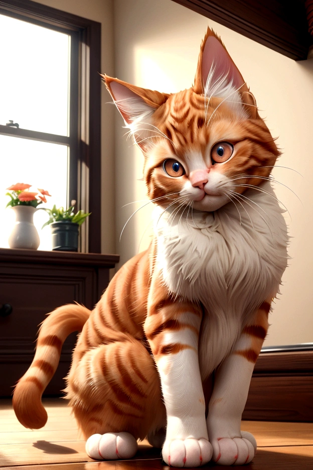 Als Oliver, die flauschige süße rote Katze, sprang vom Fensterbrett, sein Fell hüpfte bei jeder anmutigen Bewegung. Er trottete leise über den Holzboden, auf dem Weg zur Küche, wo der köstliche Duft des Frühstücks die Luft erfüllte. Seine Augen weiteten sich vor Vorfreude, und er leckte sich eifrig die Lippen. (gute Qualität:1.2), (ultradetailliert:1.2), (ultradetailliertes Gesicht:1.2), (ultradetaillierter Körper:1.2)