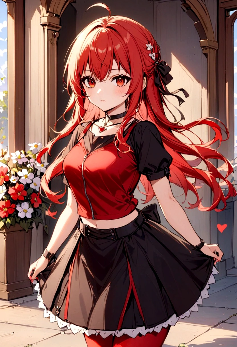 a girl with a black skirt and a small red shirt on top of is red stockings . red zip up hoodie, black shirt underneath with short sleeves and ,red hair, long hair and a flower with a ribbon on the bottom on the side on the hair and red eyes has a black Choker , and a small heart red necklace , has a ribbon bow waistband, main color red , full body