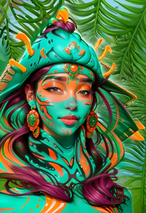 arafed woman with green and orange body paint and a hat, vibrant digital painting, painting by android jones, colorful digital p...