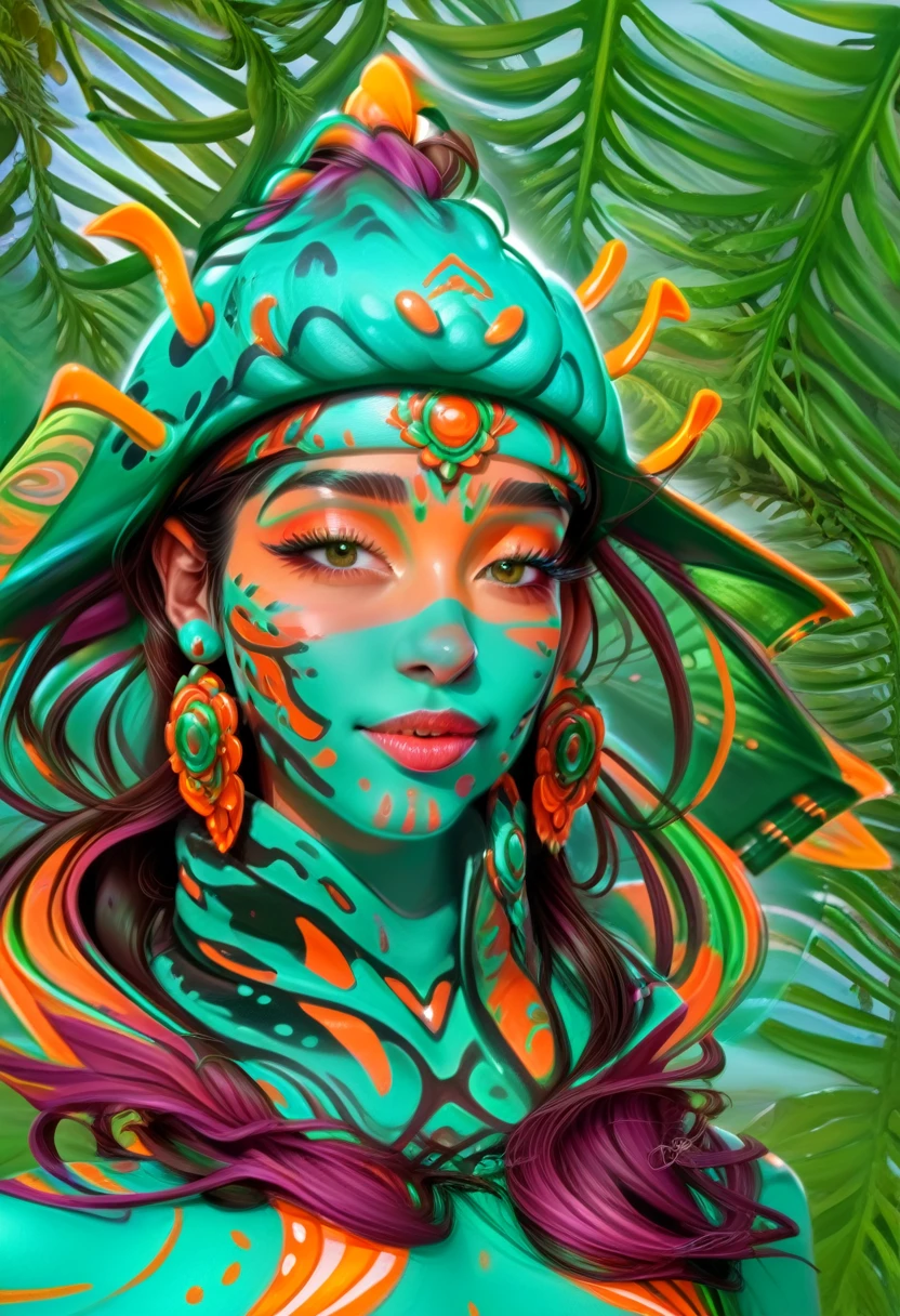 arafed woman with green and orange body paint and a hat, vibrant digital painting, painting by android jones, colorful digital painting, stunning digital painting, digital airbrush painting, detailed digital painting, intricate digital painting, rossdraws cartoon vibrant, digital painting highly detailed, highly detailed digital painting, very detailed digital painting, airbrush digital art, gorgeous digital painting