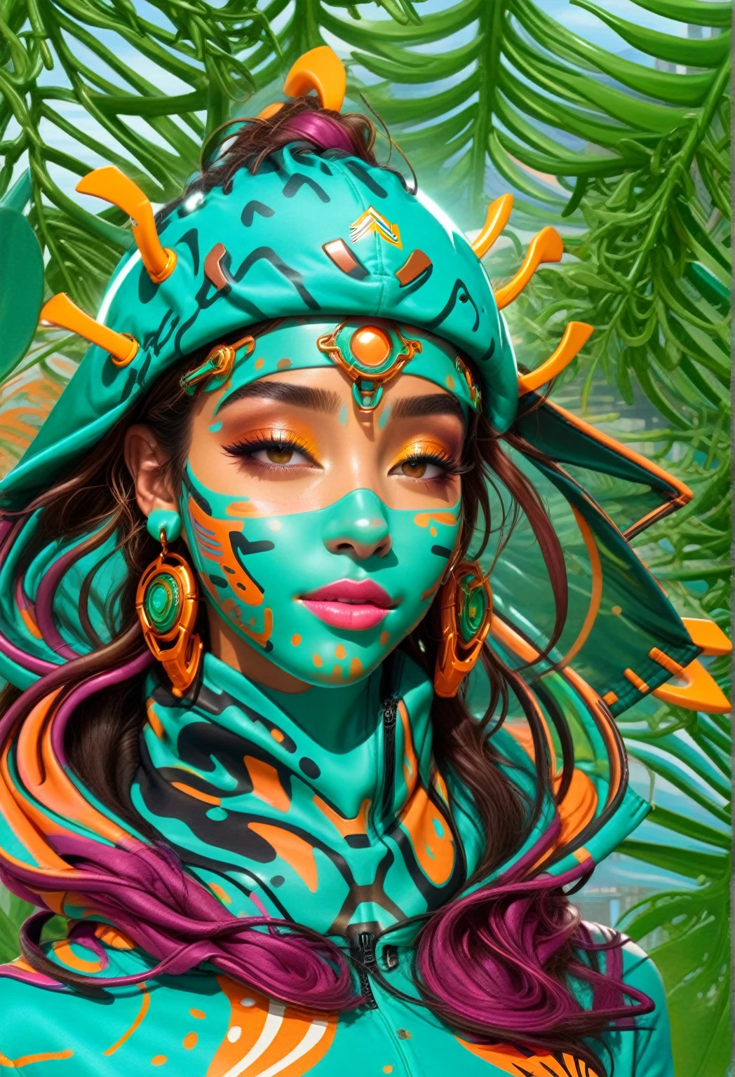 Here's the revised text: "The Brazilian woman is 24 years old, with nymph-like characteristics including cute freckles. She has a naturally cute button nose and wears clothing in earth tones. Her muted natural colors are complemented by 3D graffiti shapes in her curly hair and pops of color. Her eyelids are low, and she has a relaxed, pleasant, and sensual expression on her face. The clothing has sport-tech vibes with copper accents and patina zippers. The color palette includes burnt numbers, burnt browns, nylon, cream tones, and small pops of colors inspired by 1970s and 1980s hip-hop clothing and tech utility gear. She is portrayed looking to the side with glowing earrings and wears a mecha cloak with a hoodie that lights up the side of her face. She is seen wearing Adidas nylon with three stripes, standing in a side profile. The background depicts a futuristic NYC street scene in 2076, with floating cars, futuristic street poles, traffic lights casting shadows on a sunny day, and futuristic digital holograms. People in the scene wear translucent face masks inspired by summer psychedelia and Ayahuasca."