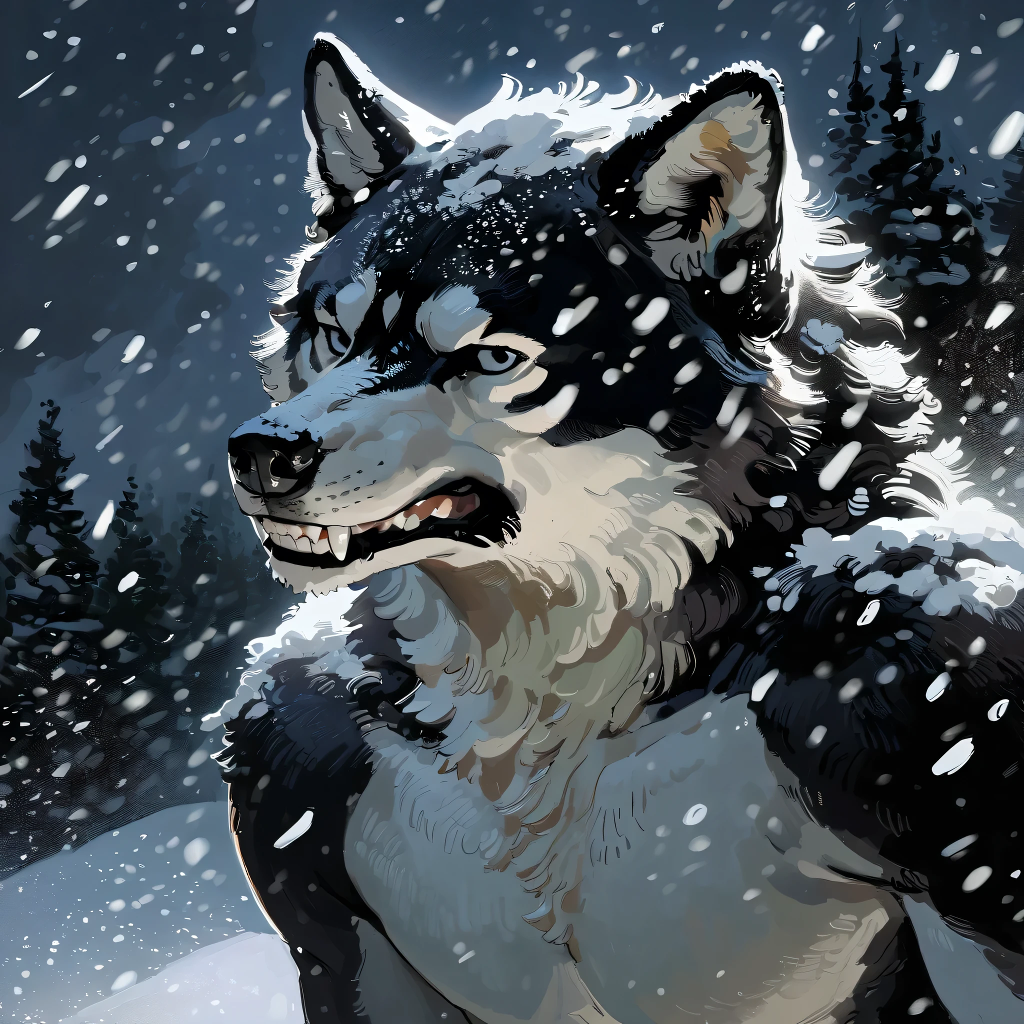 solo, male, anthro, (Husky), by seyorrol, digital artwork, ((detailed background)), intricate detailed blizzard background, heavy blizzard, mysterious shadows, realistic shading, (epic, masterpiece, high quality, 8k, ultra HD, absurd res, top quality, best quality, max quality, masterpiece), ((sexy, ((feminine body)))), cloudy sky, realistic fur, looking away, thick fur, ((perfect hands)), close to camera, (((serious expression), realistic teeth)), snowing very heavily, nighttime, (((headshot))), 