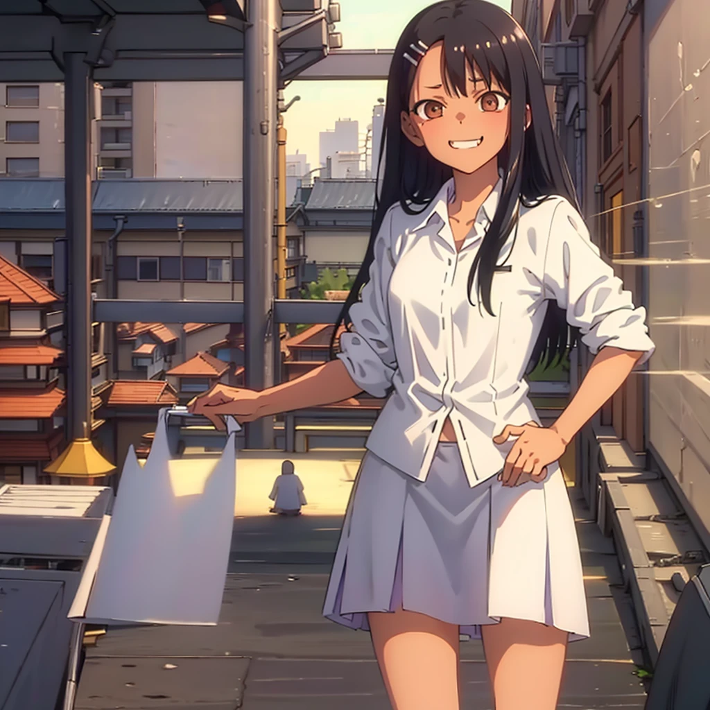 HDR, CG, sharp focus, (8k), (4k), masterpiece, best quality, sharp focus, extremely detailed, intricate, hyper detailed, nagatoro hayase, brown eyes, black hair, bangs, long hair, dark skin, hairclip, white shirt, blue skirt, no socks, uwabaki, standing, arms behind head, cowboy shot, looking at viewer, outdoors, evil grin