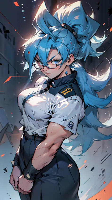 anime, 1 girl, solo, super saiyan, very large spiked ponytail, cyan colored hair, blue eyes, round glasses, medium strong body, ...