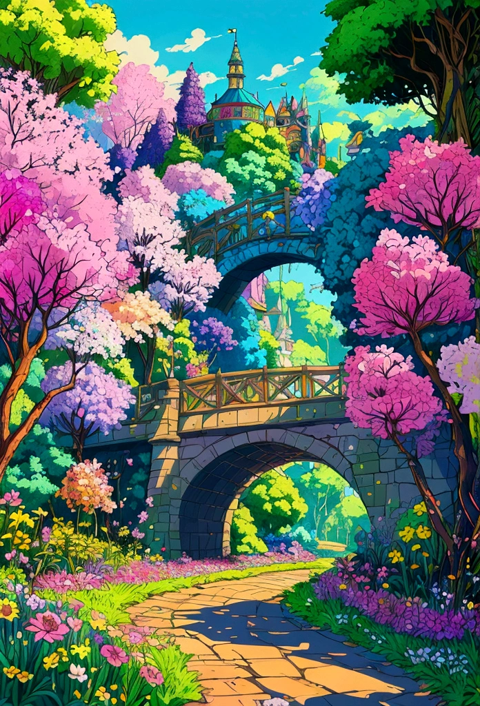 campo aberto com um caminho fullcolor com muitas flores e doces indo para os portoes da cidade dos doces mostrando de cima a Floresta dos Doces, magical world. fullcolor, Land of Sweets, colorful illustration, em uma floresta de doces! cinema 4d render fullcolor, Colorful Magic Crystal Bridge, colors surreais, candy land, colorful digital fantasy art, Gotejamento HD fullcolor, colorful highway, colors: Pink, yellow, ceano, Unripe