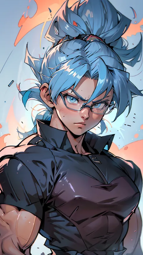 Anime, 1 girl, solo, super saiyan, very large spiked ponytail, cyan colored hair, blue eyes, round glasses, medium strong body, ...