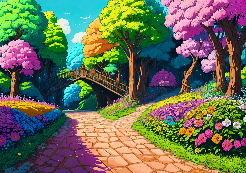 campo aberto com um caminho fullcolor com muitas flores e doces indo para os portoes da cidade dos doces mostrando de cima a Floresta dos Doces, magical world. fullcolor, Land of Sweets, colorful illustration, em uma floresta de doces! cinema 4d render fullcolor, Colorful Magic Crystal Bridge, colors surreais, candy land, colorful digital fantasy art, Gotejamento HD fullcolor, colorful highway, colors: Pink, yellow, ceano, Unripe