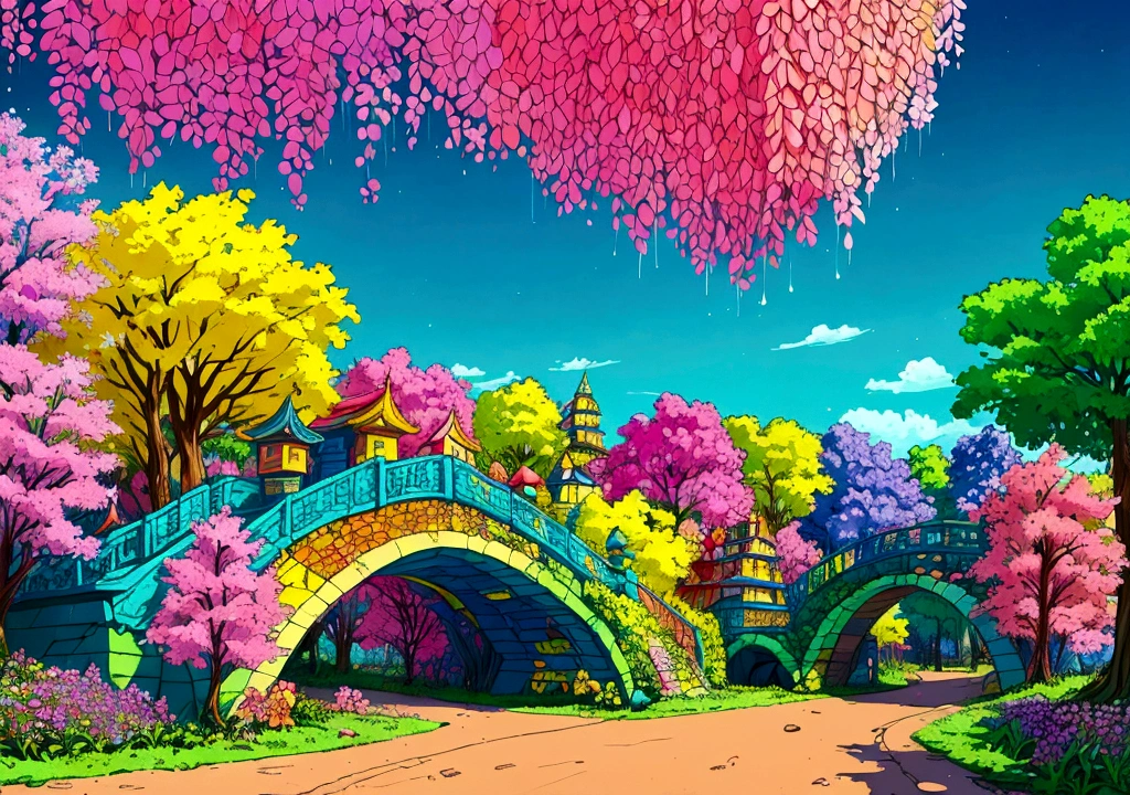 campo aberto com um caminho fullcolor com muitas flores e doces indo para os portoes da cidade dos doces mostrando de cima a Floresta dos Doces, magical world. fullcolor, Land of Sweets, colorful illustration, em uma floresta de doces! cinema 4d render fullcolor, Colorful Magic Crystal Bridge, colors surreais, candy land, colorful digital fantasy art, Gotejamento HD fullcolor, colorful highway, colors: Pink, yellow, ceano, Unripe