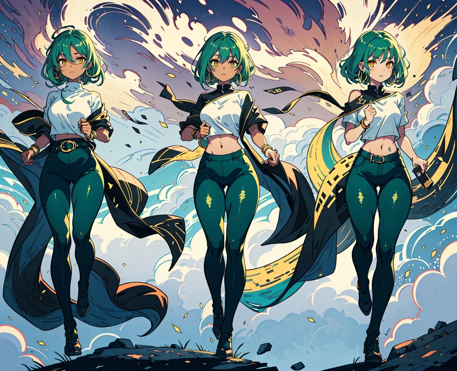 Beautiful anime-style girl, long green hair slightly curly, dark skin, yellow eyes, black pants, wide plain white shirt with no print, hoop earrings, eyebrow piercing, small breasts, wide hips, thick thighs, big ass