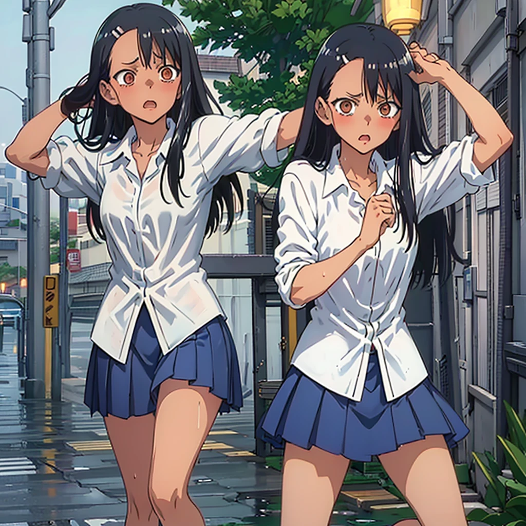 Nagatoro hayase, 1girl, standing, slim, ((wet white shirt, blue skirt)), surprised, angry, (hands above head), black hair, brown eyes, long hair, blush, bare legs, , outside, on street, ((in rain, dark, street light)), masterpiece, detailed, high quality