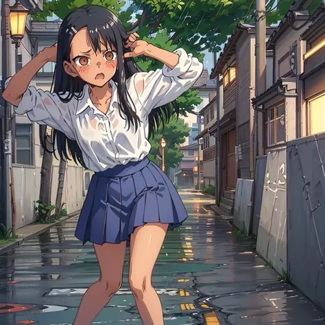 nagatoro hayase, 1girl, standing, slim, ((wet white shirt, blue skirt)), surprised, angry, (hands above head), black hair, brown...