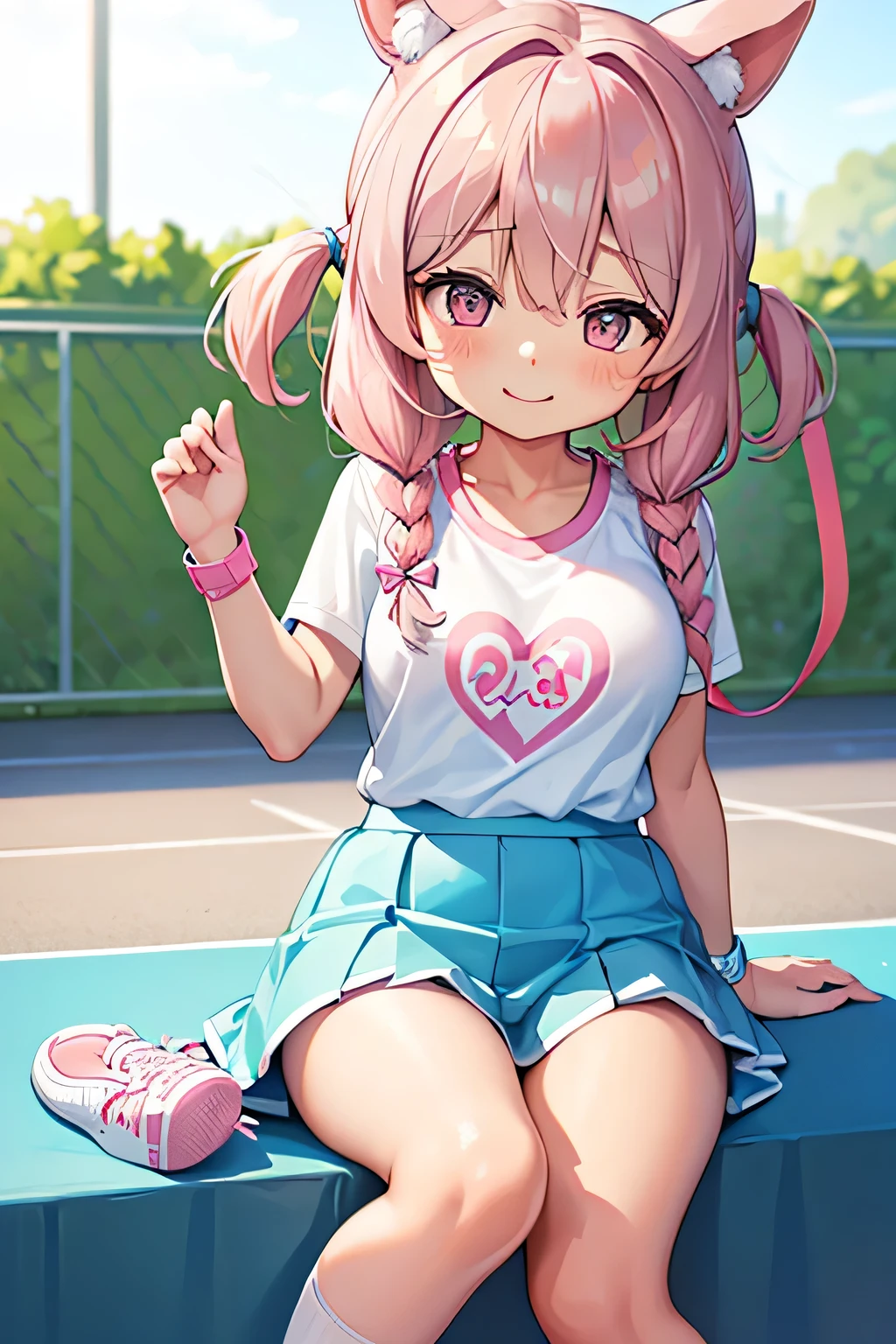 Highest quality、High resolution、Detailed Background、(Detailed eyes:1.2)、Teenage beauty、(Highly detailed face:1.4)、(Huge breasts:1.2)、Cute hair color、Cute hairstyle、Perfect body line、Tennis court、Girls enjoying tennis、smile、Uplifting、One-piece tennis wear with a skirt、The skirt is flared and cute、T-shirt and skort set、The T-shirts are printed with logos and graphic designs, making them sporty yet cute.、Colorful gradient and patterned designs、Pale pastel colors and vivid colors、Feminine details such as ribbons and frills、It has a ribbon on the waist and frills on the hem.、hair band、Wristband、socks、Sneakers and other shoes are also available in white and pink.、Choose pastel colors、Sporty yet cute、Cute gestures