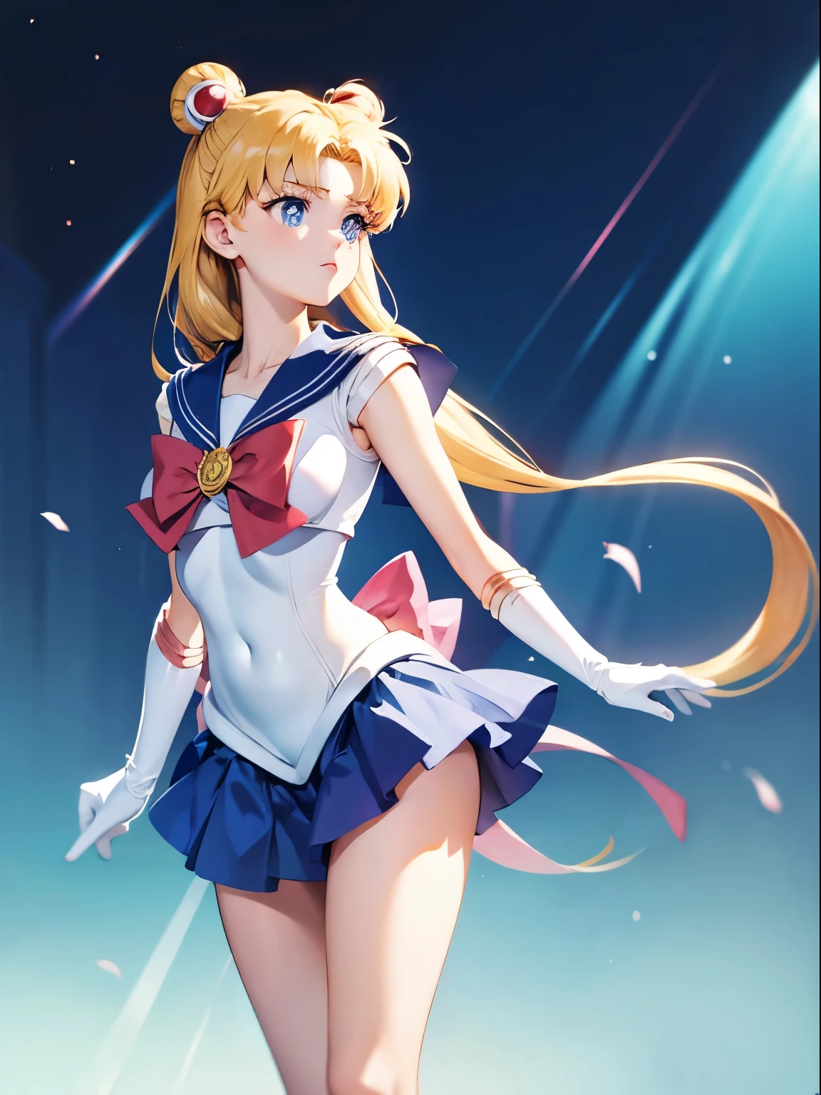 Sailor Moon, 1 garota, cabelo loiro, cabelo longo, olhos azuis, olhos detalhados, fundo simples, foco feminino, sozinho, de pé, Tsukino Usagi, retrato, corpo todo, (Obra de arte:1.0), (melhor qualidade:1.0), (Papel de parede 8k:1.0), (Rosto lindo detalhado:1.0), (detailed olhos profundos), olhos profundos, olhando para o espectador, marinheiro explorador, laço vermelho no peito, saia azul, luvas brancas, Seios grandes, abdômen nu , calcinha rosa, Calcinha Upskirt,