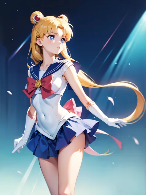 Sailor Moon, 1 girl, blonde hair, long hair, blue eyes, detailed eyes, simple background, female focus, alone, standing, Usagi T...
