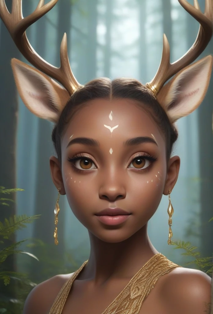 (Masterpiece artwork, high resolution, CGI, detailed: 1.4), portrait of the beings of the enchanted forest, (brown skin with light markings like deer: 1.3), (big sensitive ears: 1.2), (big, golden eyes like a cat&#39;s: 1.3), vertical pupils, (some with intense green or red eyes: 1.2), (hands with three fingers and one thumb, sharp black claws: 1.3), (light bodies, fast and graceful: 1.2), (enchanted forest environment in the background: 1.1), bright leaves and ancient trees, (magical and ethereal atmosphere: 1.3), details Intricate, (naturalistic and fantastic perspective: 1.2)