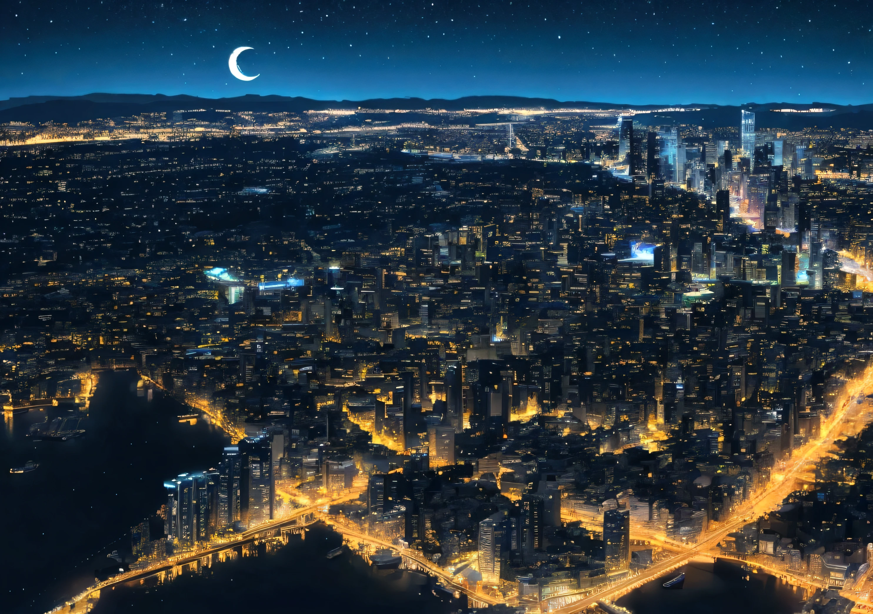 stary night, modern city with tall, bright buildings seen from the tip of a high mountain , waning quarter moon night, HD, detailed picture.