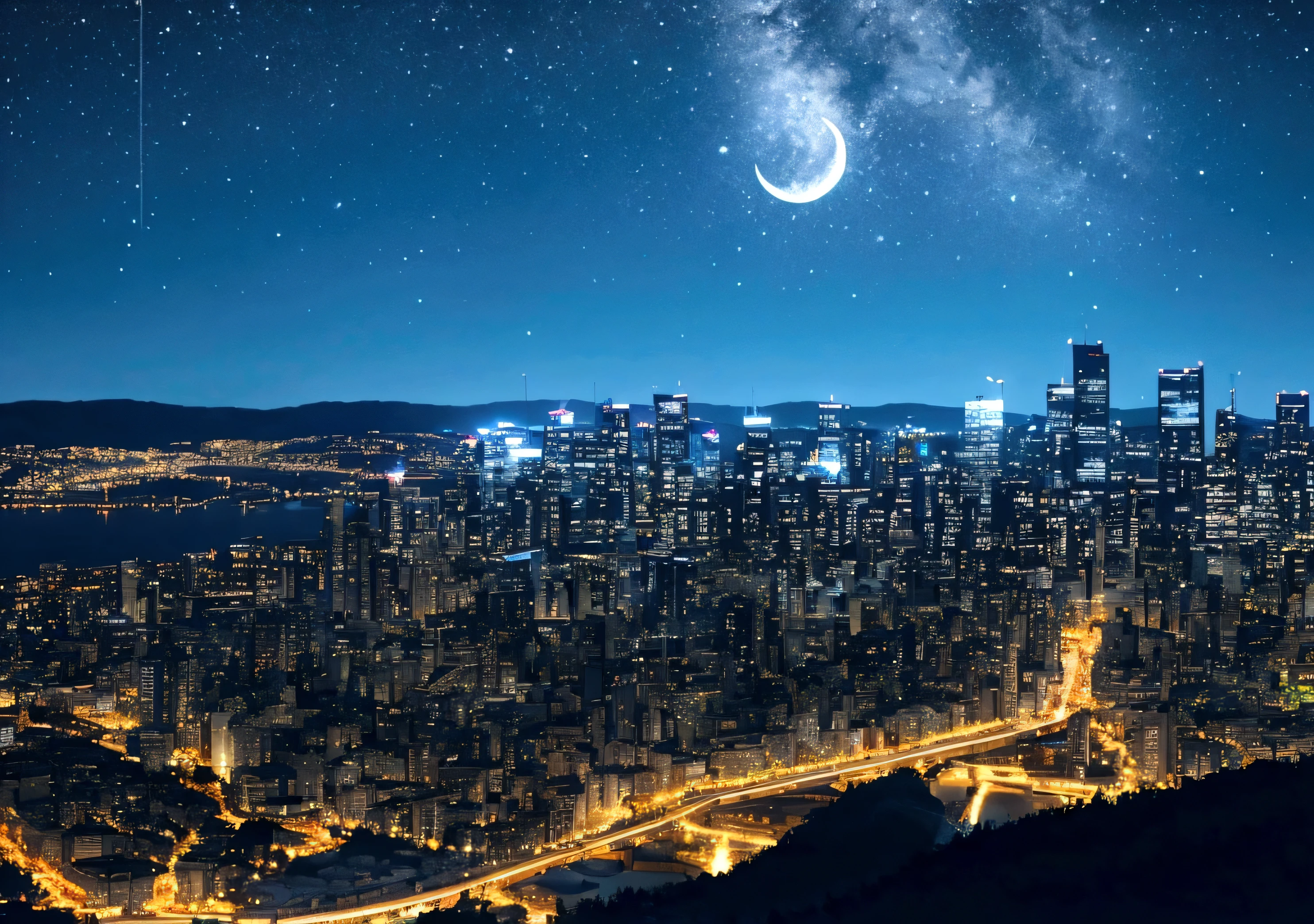 stary night, modern city with tall, bright buildings seen from the tip of a high mountain , waning quarter moon night, HD, detailed picture.