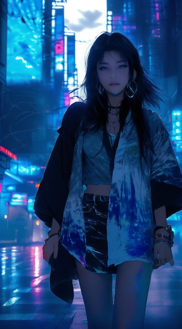 best image, master paintings，optimal quality，Raby，adult  woman，Beauthfull、very depressed，With short black hair，is crying，Looking at a cloudy sky、Neon street in the background、neon color is blue.1 girl, Light blue long hair, dark blue, sit in class, modern black , アニメ