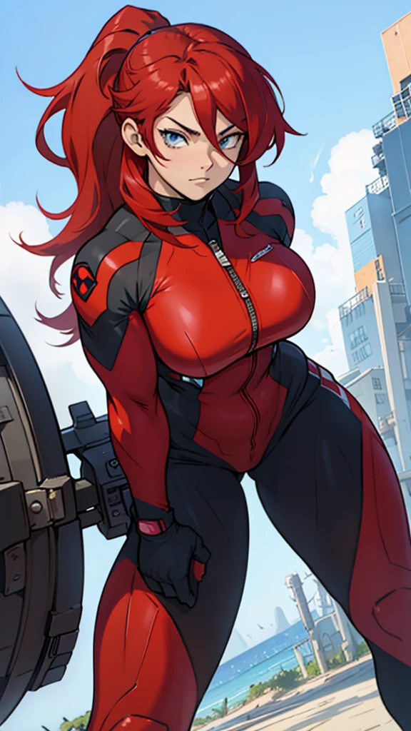 High detailed, Anime, 1 girl, solo, Ruby red colored hair, sidebangs hairstyle, Azure colored eyes, detailed eyes, busty, strong body, pilot suit, Tight suit