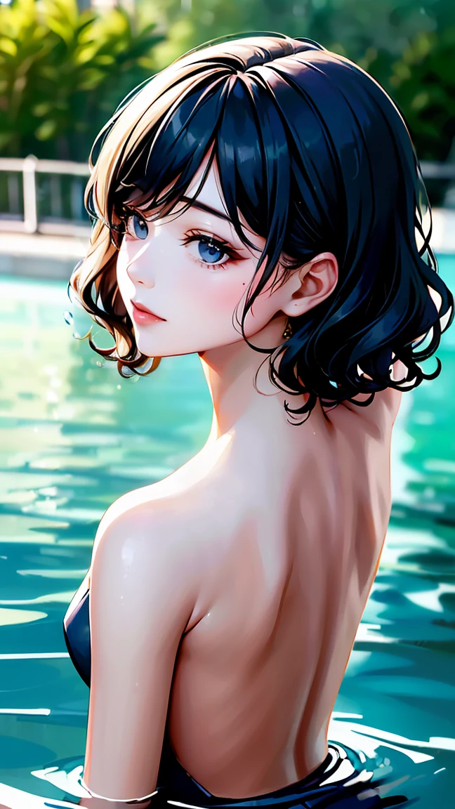 ((Highest quality、masterpiece、、Realistic、超High resolution、Very delicate and beautiful、High resolution、Cinema Lighting))、 Pool、((A scene where the upper body jumps out of the water:1.6))。((Short Wavy Hair:1.6))、smile。(Brightly colored swimsuits with easy-to-move-in designs)。Her movements are very lively and fun.、(Water splashes everywhere。背景には青いPoolの水とPoolサイドのデッキチェアとパラソルが見えます.。The sky was clear and、The sunlight reflects off the water surface)。The overall atmosphere is one of summer fun.。((head buck、Arch your back))