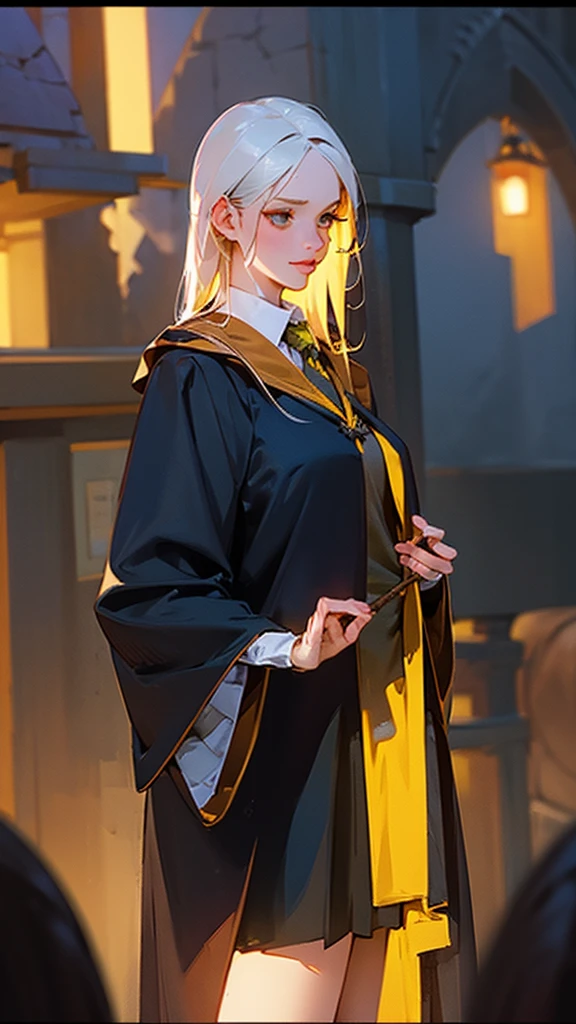 a sexy hogwarts uniform girl, 1girl, hogwarts uniform, slim body, short skirt, big breasts, beautiful detailed eyes, beautiful detailed lips, white hair, golden eyes, slytherin house, best quality, 4k, 8k, highres, masterpiece:1.2, ultra-detailed, realistic, photorealistic, photo-realistic:1.37, HDR, UHD, studio lighting, ultra-fine painting, sharp focus, physically-based rendering, extreme detail description, professional, vivid colors, bokeh, portraits