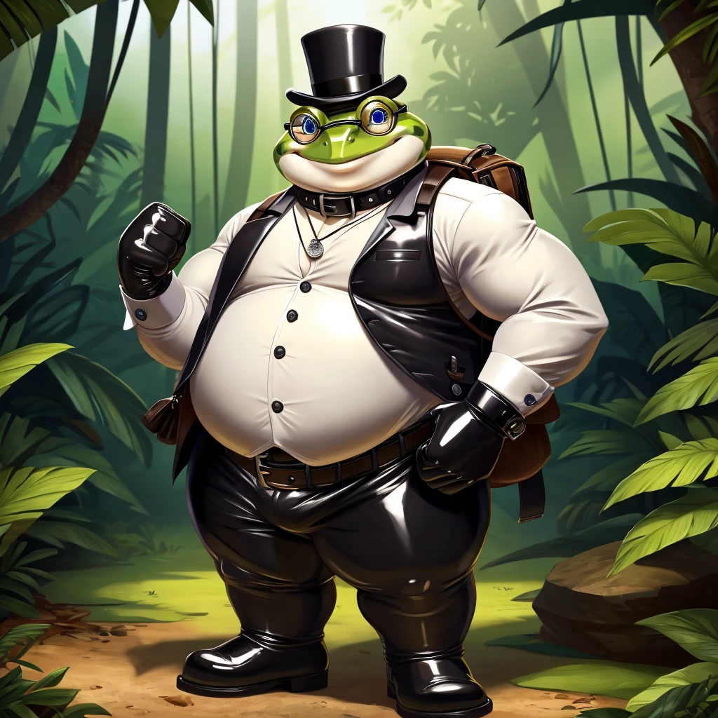 Solo, Male, fat, extremely obese, gentleman, dapper Professor Frog, blue eyes, (posing:1.3), (soft shading), 4k, hi res, ((detailed face, detailed)), looking at viewer, evil grin, jungle, forest, collared shirt with buttons, top hat, male focus, Explorer Outfit, glasses, monocle, bag, vest with buttons, backpack, sleeves rolled up, round eyewear, brown headwear, brown vest, Frog is wearing a glossy leather dog collar around the neck, Frog is wearing the leather collar and shirt and vest at the same time, Frog is wearing glossy white rubber gloves on the hands, wearing white rubber gloves on the feet, Frog is wearing glossy white cuffs around the wrists with cufflinks, gloves are rubber in texture, clenching teeth, clenching fists, leather collar is glossy and shiny with a lot of detail, Frog is wearing gloves and cuffs and cufflinks at the same time, leather collar has a round dog-tag, leather collar is thick and detailed.