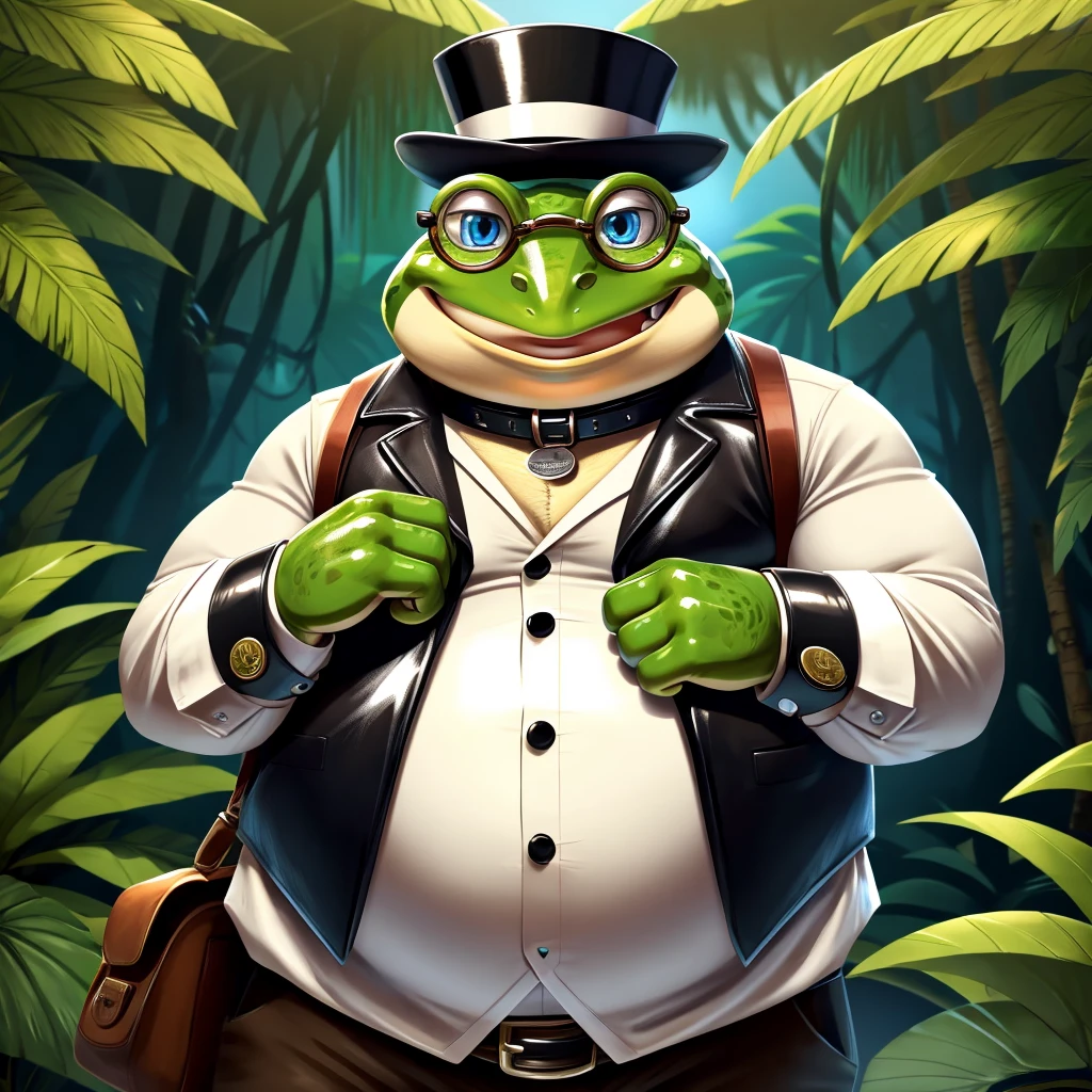 Solo, Male, fat, extremely obese, gentleman, dapper Professor Frog, blue eyes, (posing:1.3), (soft shading), 4k, hi res, ((detailed face, detailed)), looking at viewer, evil grin, jungle, forest, collared shirt with buttons, top hat, male focus, Explorer Outfit, glasses, monocle, bag, vest with buttons, backpack, sleeves rolled up, round eyewear, brown headwear, brown vest, Frog is wearing a glossy leather dog collar around the neck, Frog is wearing the leather collar and shirt and vest at the same time, Frog is wearing glossy white rubber gloves on the hands, wearing white rubber gloves on the feet, Frog is wearing glossy white cuffs around the wrists with cufflinks, gloves are rubber in texture, clenching teeth, clenching fists, leather collar is glossy and shiny with a lot of detail, Frog is wearing gloves and cuffs and cufflinks at the same time, leather collar has a round dog-tag, leather collar is thick and detailed.