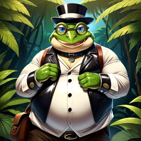 Solo, Male, fat, extremely obese, gentleman, dapper Professor Frog, blue eyes, (posing:1.3), (soft shading), 4k, hi res, ((detai...
