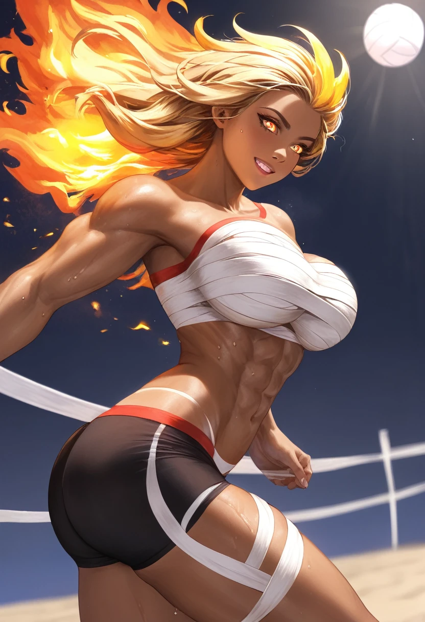 Prompt 

detailed illustration, (front view), (side view),dynamic angle, ultra-detailed, illustration, clean line art, shading, anime, detailed eyes, detailed face, beautiful face, dramatic lighting, detailed illustration, dynamic angle, ultra-detailed, illustration, single woman 

Fit, toned abs, ((volleyball shorts)), ((fundoshi breast wrap)), volleyball player, big round ass, big , caramel tan skin, dark skin tone, wide hips, narrow waist, thunder thighs, (blazing blonde hair), (glowing eyes), glowing sclera, muay thai wraps, small strong biceps, sweat, ((bandaged breasts)), flaming hair, hair is fire, flames rolling down skin, clothes catching on fire, embers, sweats fire, sweat is fire, tan lines, Hispanic, Latina, tight pants, bandage wrapped around chest, brown skin