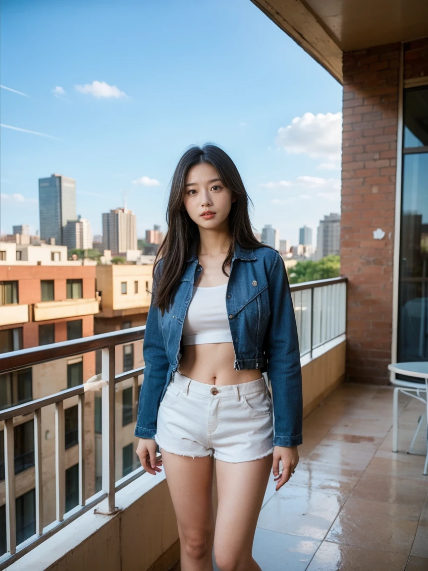 masterpiece、high resolution、high quality、Realistic、Portrait、A young Asian heroine with long black hair wearing a blue jacket and low-waisted white mini shorts with a bare midriff、Full body picture perfect arms standing on balcony or terrace with city skyline in background、Perfect palm、Perfect five-finger、Perfect Legs、Perfect Skin