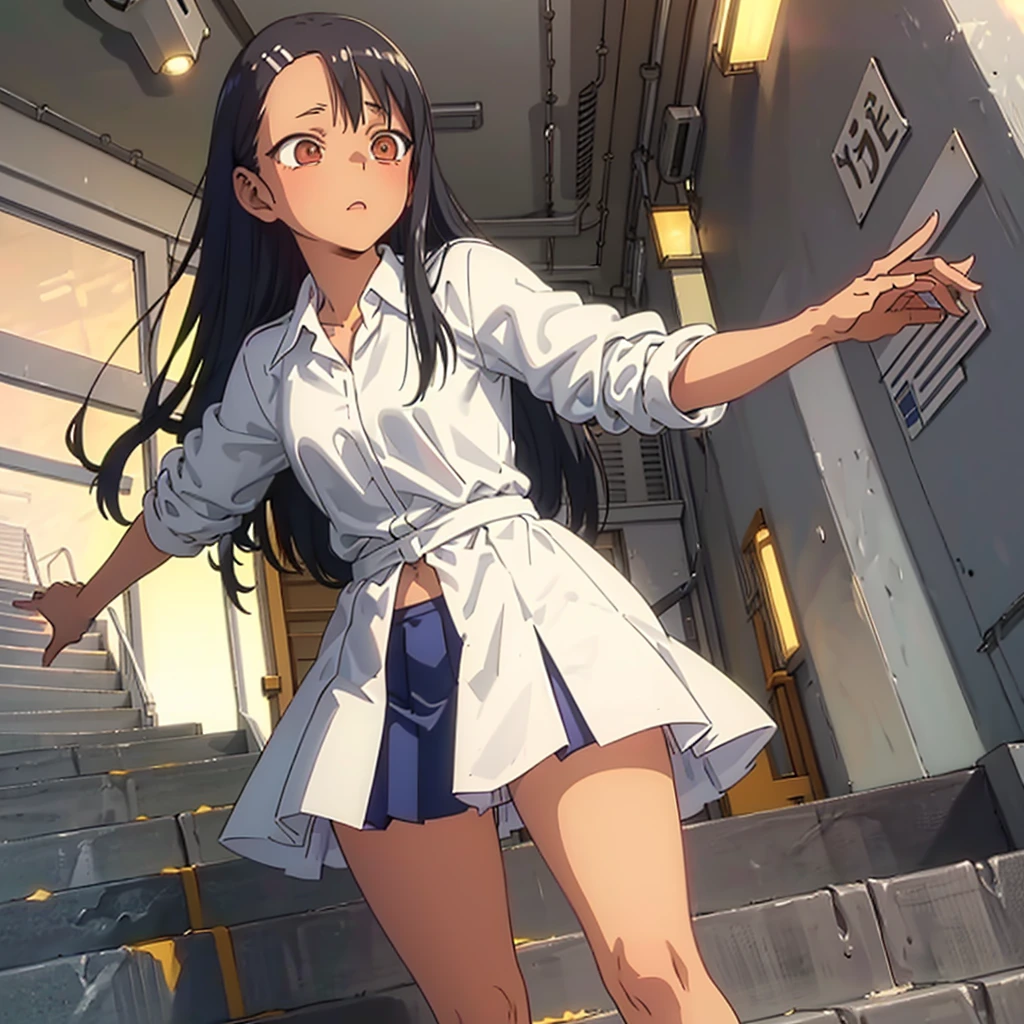 masterpiece, best quality, anime, highly detailed face, highly detailed eyes, highly detailed background,nagatoro hayase,1girl.solo,(stairs:1.2),ass, kneehighs, looking back,(pantyshot:1.1), pleated skirt, white panties,running,(from below:1.1),