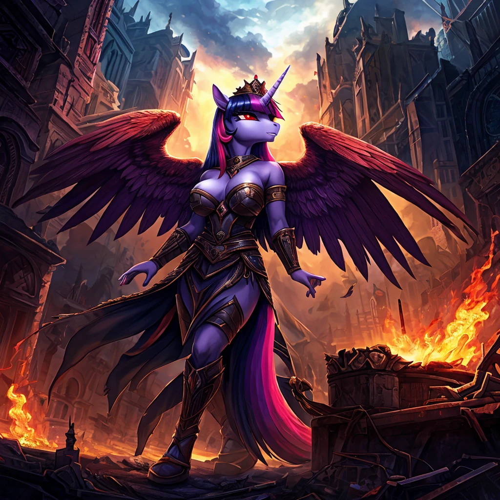 A war-torn apocalyptic city in flames, an evil leader anthro alicorn pony queen Twilight Sparkle with a scar across face, 1girl, , detailed feathered wings and unicorn horn, detailed hands and feet, wearing steel armor, surrounded by dark magic and flames, wearing a crown, beautiful detailed eyes, beautiful detailed lips, big breasts, red eyes, extremely detailed eyes and face, long eyelashes, anime portrait, fantasy portrait, dark fantasy, concept art, digital painting, hyper-detailed, cinematic lighting, volumetric lighting, dramatic colors, deep shadows, moody atmosphere, intricate texture, highly detailed armor, ornate crown, glowing dark magic effects, dynamic pose, photorealistic, 8k, HDR, physically-based rendering, vibrant colors, cinematic framing