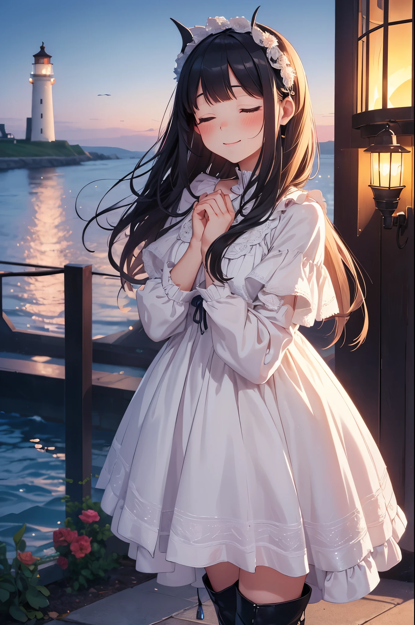 twilight, nightfall, tall lanterns, dusk sea on the background, lighthouse far away, city garden, beautiful, masterpiece, 1-girl, teen aged, long lolita style white dress, happy face, closed eyes, blush on the cheeks, A hand is outstretched towards me, very long fair hair, high black leather boots