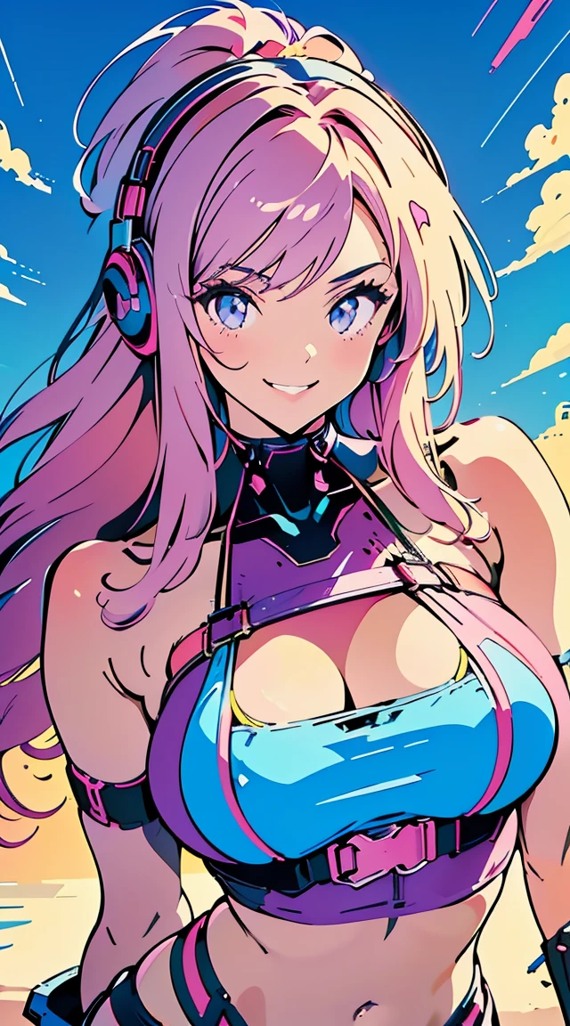 (best quality,4k,8k,highres,masterpiece:1.2),ultra-detailed, anime style, vapor wave aesthetic, line art, huge breasts, bimbo, Slim thicc waifu:1.5, bikini with harness, purple and hot pink background, setting sun, erotic pose:1.5, wearing large headphones, waifu, seductive expression:1.2,  smile with teeth