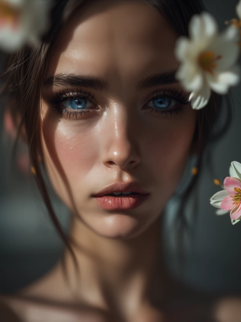 (((Ultra-realistic))), (artistic realization), (ultra-detailed face and eyes: 1.4), 1 girl, (brunette) , (naked) , (thick tousled hair), Detailed eyes, (large detailed lips) , makeup, (Natural breasts). (( many sakura flowers around,  close-up, close to the camera)), Dark atmosphere of the frame, (ultra detailed)