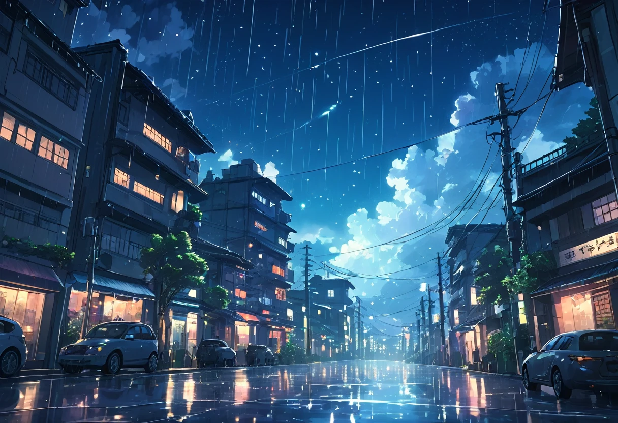 cinematic anime illustration of a futuristic city with a beautiful sky with stars when its raining in the night, cinematic light, cinematic animation render, (masterpiece), best quality, by Kyoto Animation, 2d animation art, cinematic light