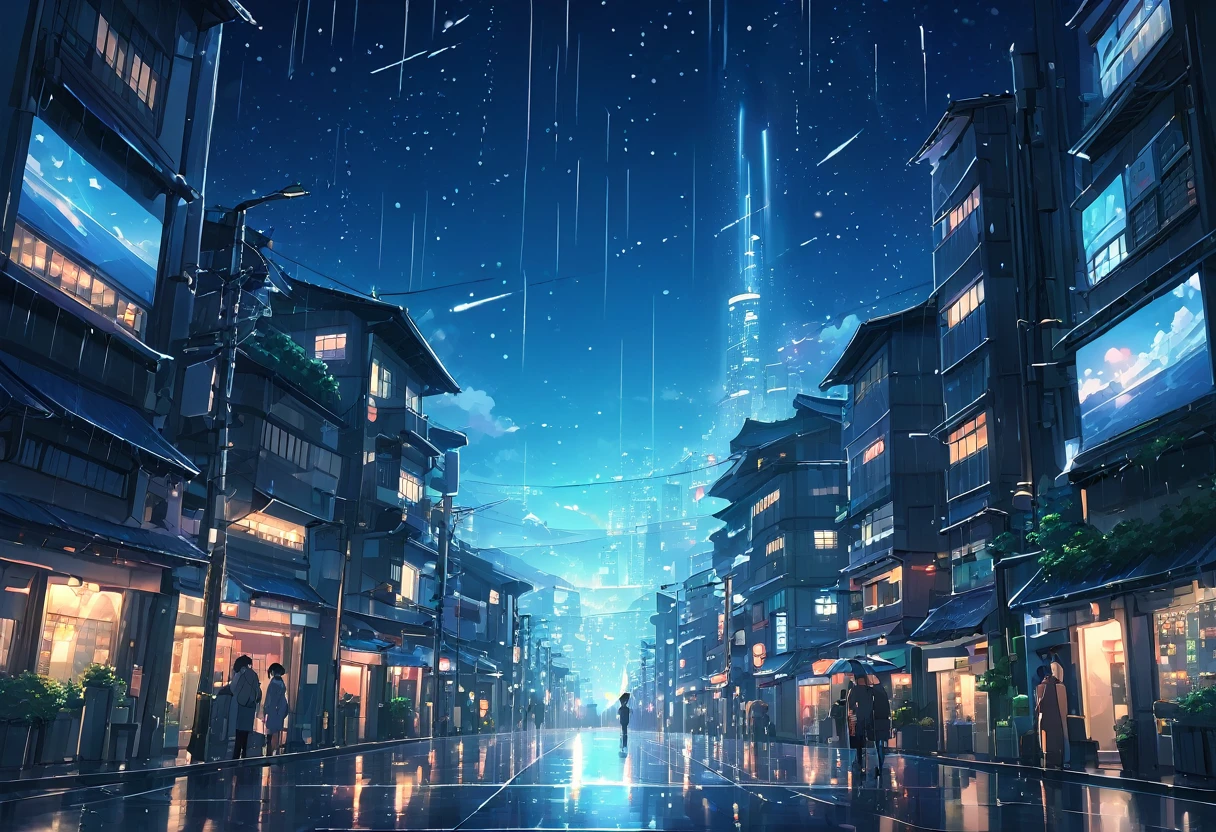 cinematic anime illustration of a futuristic city with a beautiful sky with stars when its raining in the night, cinematic light, cinematic animation render, (masterpiece), best quality, by Kyoto Animation, 2d animation art, cinematic light