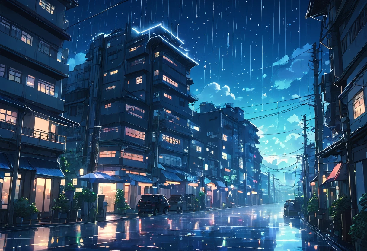 cinematic anime illustration of a futuristic city with a beautiful sky with stars when its raining in the night, cinematic light, cinematic animation render, (masterpiece), best quality, by Kyoto Animation, 2d animation art, cinematic light