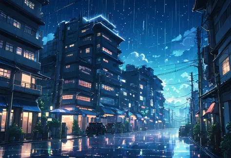 cinematic anime illustration of a futuristic city with a beautiful sky with stars when its raining in the night, cinematic light...