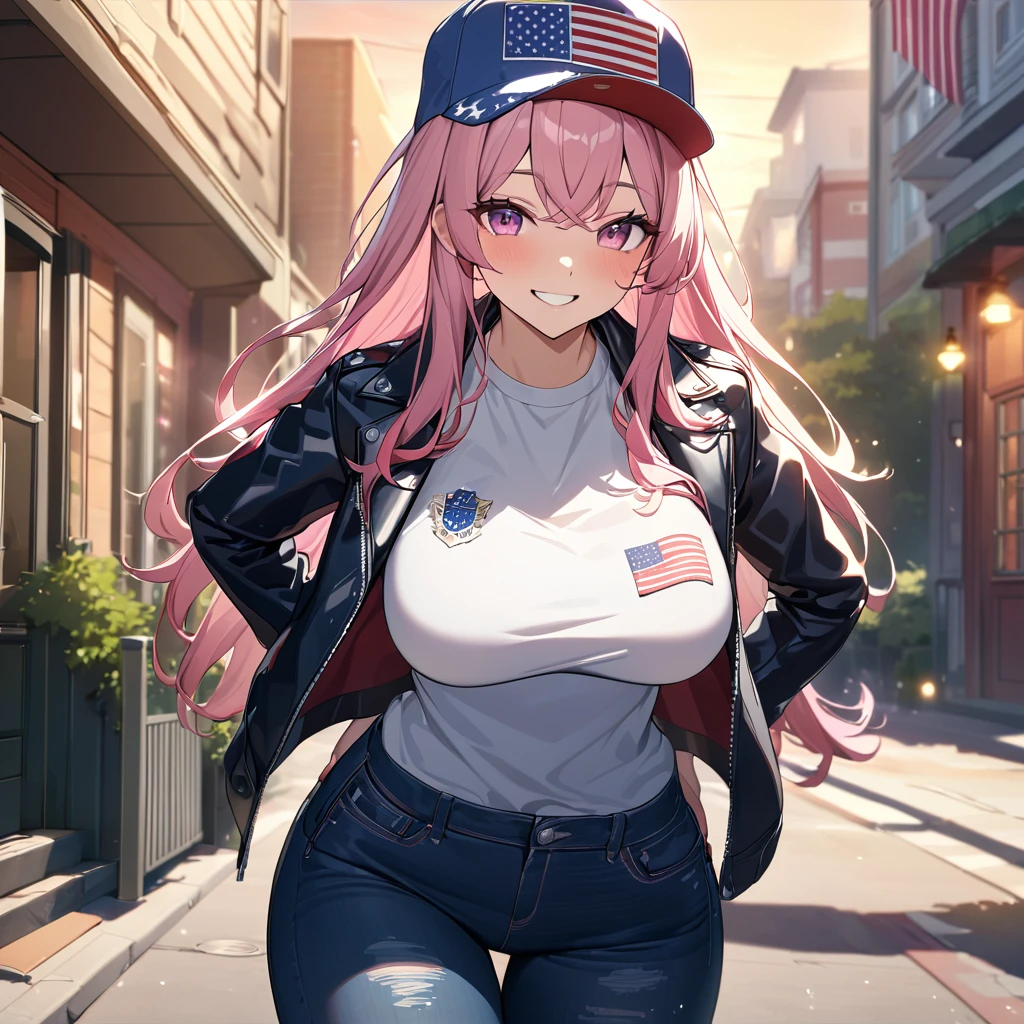 A woman wearing a leather jacket with United States flag fabric, open jacket, white shirt with United States flag, wearing tight jeans, sports sneakers, hot pink hair, long hair, silver bangs, multicolored hair, pink eyes, big breasts, cap with United States texture, pink glasses, walking on the sidewalk of an American neighborhood, standing, smiling, traditional, United States flag on houses, neighborhood in celebration, place at sunset,UHD , prime work , accurate , anatomically correct , textured skin , super details , high quality , best quality, 8k, high resolution, bokeh effect. (woman solo), close view.
