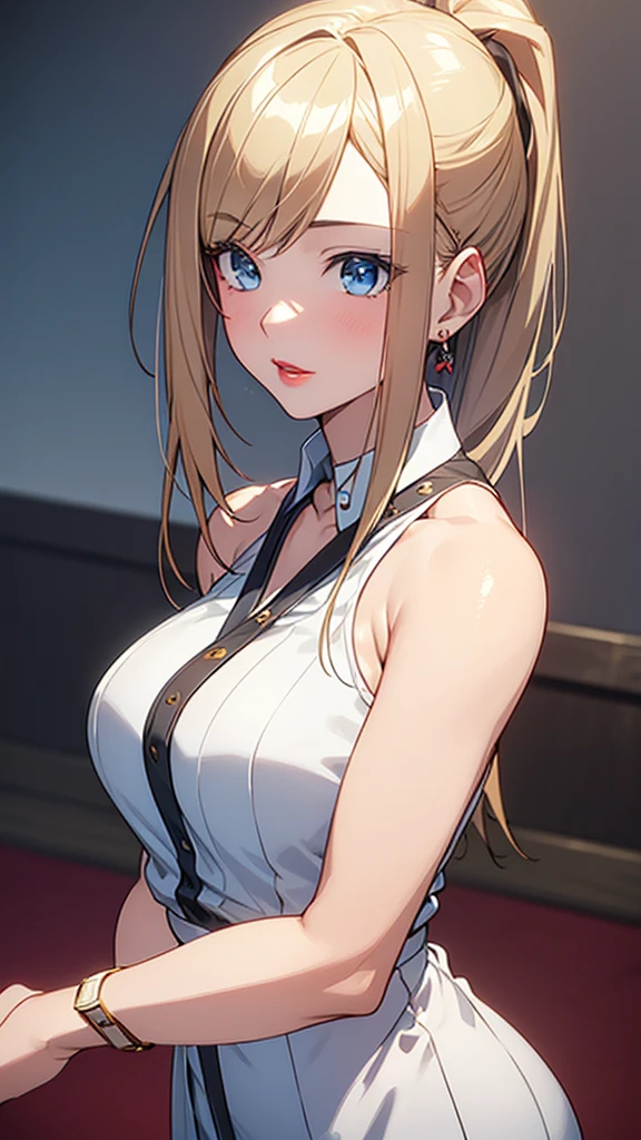 比類のないmasterpiece, Ultra-realistic 8K CG, Perfect artwork, ((The perfect woman)), Mature Woman, Narrow waist, Fascinating, clean, Beautiful Face, {Very delicate and beautiful girl} , 8k wallpaper, {{{masterpiece}} }, One girl, Blonde, blue eyes, ponytail, Police uniform, jewelry, lips, lipstick, Long Hair, Watch the audience, compensate, lips, red lips, Simple Background, alone, Upper Body, (Shiny skin),