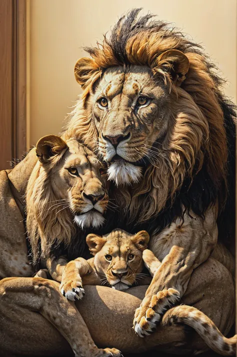 there are a lot of lions that are laying down together, lions, family portrait, happy family, fantastic art, majesty, family pho...