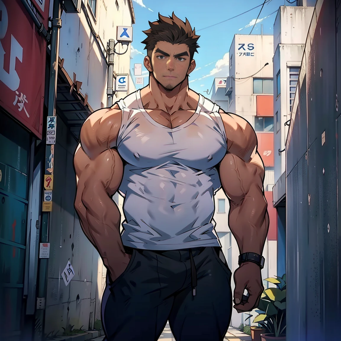 ((anime style art)), Extremely muscular male character., bodybuilder body, wearing a sleeveless v-neck shirt, hands raised at neck level, The character is leaning against a wall.. Pockets, futuristic cityscape, Busy route, Buildings, person
AS & vehicles. anime main character., nice picture, HDD, 4k, Main character leaning against a wall with his hands at face level..