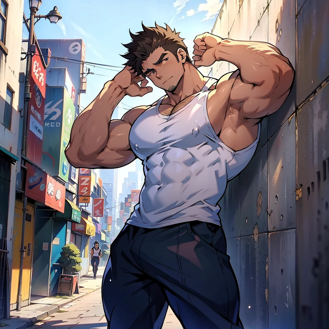 ((anime style art)), Extremely muscular male character., bodybuilder body, wearing a sleeveless v-neck shirt, hands raised at neck level, The character is leaning against a wall.. Pockets, futuristic cityscape, Busy route, Buildings, person
AS & vehicles. anime main character., nice picture, HDD, 4k, Main character leaning against a wall with his hands at face level..