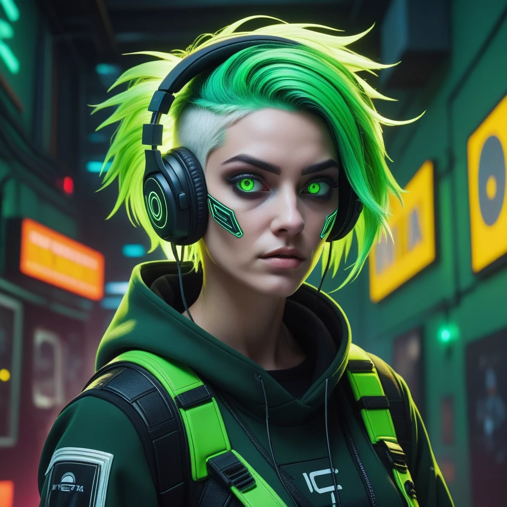 (((work of art, best qualityer, high qualiy,))) (pop art:0.8), Woman, messy green hair, (Glitch:1.33), glowing white eyes, just a strange face in a, strange place, detailed back ground, (ninja), cyber punk, headphones