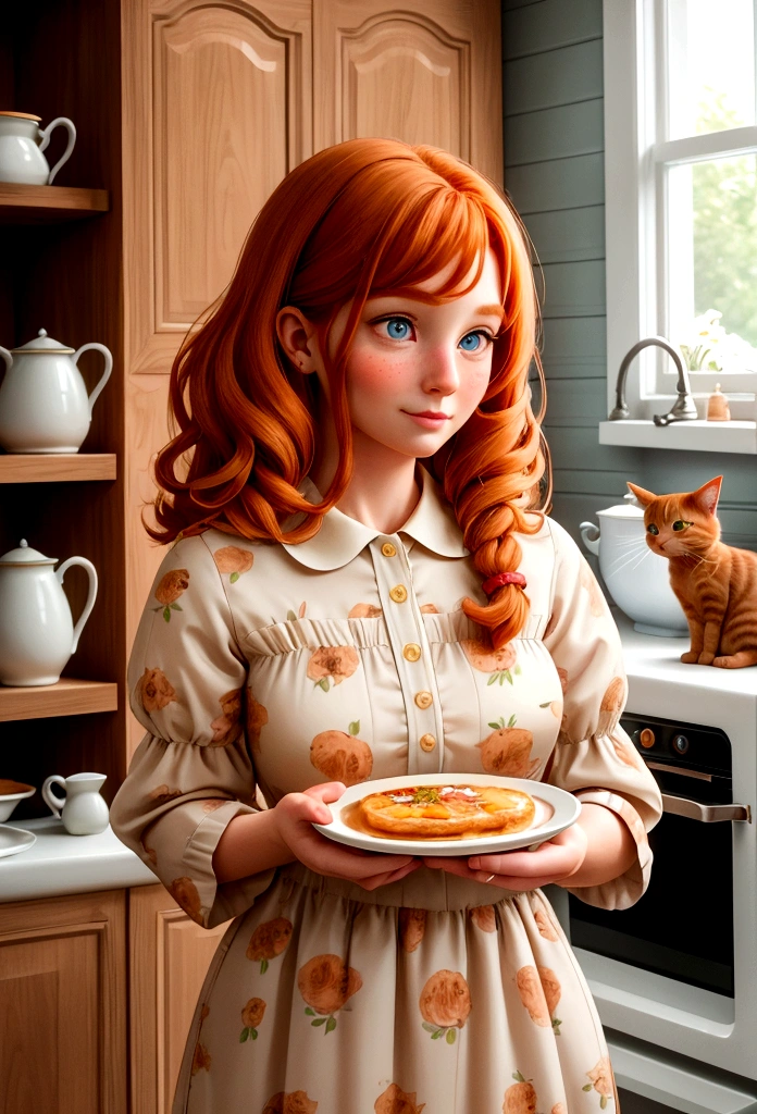 Inside the charming cottage, Captain Oliver's wife, a beautiful (ginger cat) named Amelia, stood in the kitchen. Amelia, also standing like a human being, wore a lovely floral dress that complemented her soft, fluffy fur. Her gentle eyes sparkled with warmth as she prepared breakfast for the family. (good quality:1.2), (Ultradetailed:1.2), (ultradetailed face:1.2), (ultradetailed body:1.2)