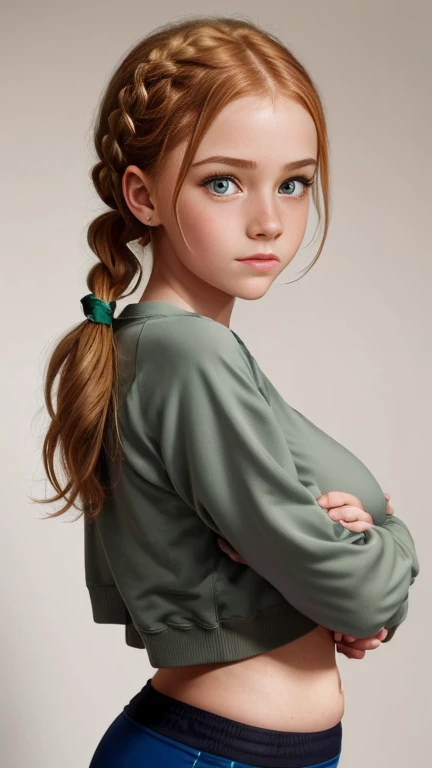 super realistic images, ginger teenager girl, cute face, An ennui look、french braid、ash gray hair、green eyes, a little freckled, doing yoga, three line sweatshirt、I can see your belly button、often play sports、Jacket, highest quality、ultra high resolution、masterpiece:1.5、portrait