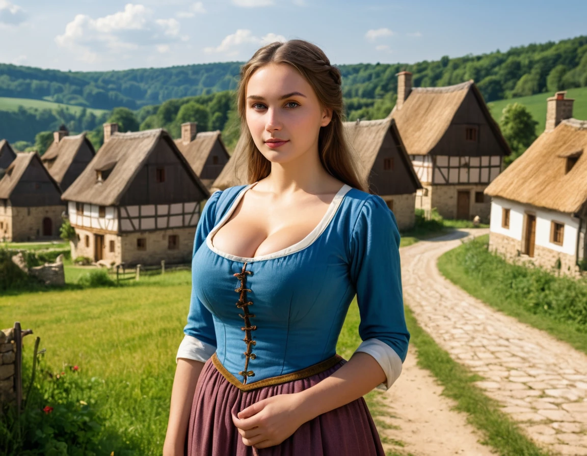 Medieval village, village houses in foreground, manor in background, villager in foreground, young woman, huge breasts, simple clothes