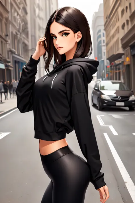 Model Eleonora Pavinato in black top and leggings standing on street, fit dainty figure, girl wearing hoodie, cute sportswear, fit girl, close up to a skinny, toned derriere, wearing a black hoodie, back pose, wearing tight simple clothes, wearing hoodie, wearing black tight clothing, black hoodie, in a black hoodie, dressed black hoodie, attractive pose
