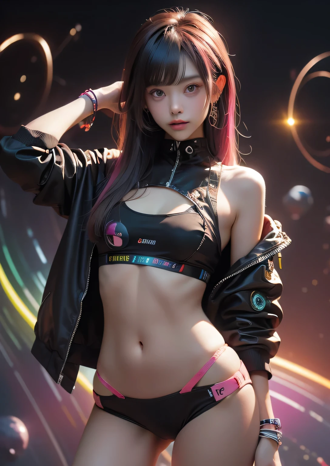 (masterpiece, highest quality, highest quality, Official Art, beautifully、aesthetic:1.2)、West Shot Photo、 (Cyberpunk fashion beautiful girl 1 person)、Big iridescent eyes、Beautiful skin、Beautiful belly、Expressionlesoderate breast size、（Pink and blue long hair with bangs）、Very detailed,(Neon colored space background:1.3)、Perfect lighting、Sharp focus、High resolution、High resolution、High color rendering、High resolution、Super realistic、
